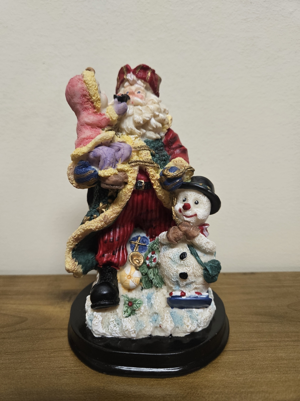 Santa Claus Red & Green with Snowman Holiday Figurine